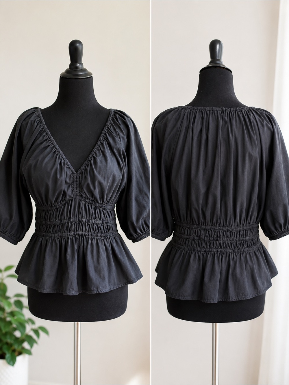 Old Navy Black Smocked Peplum Blouse Size M/Puff Sleeve Cotton Top